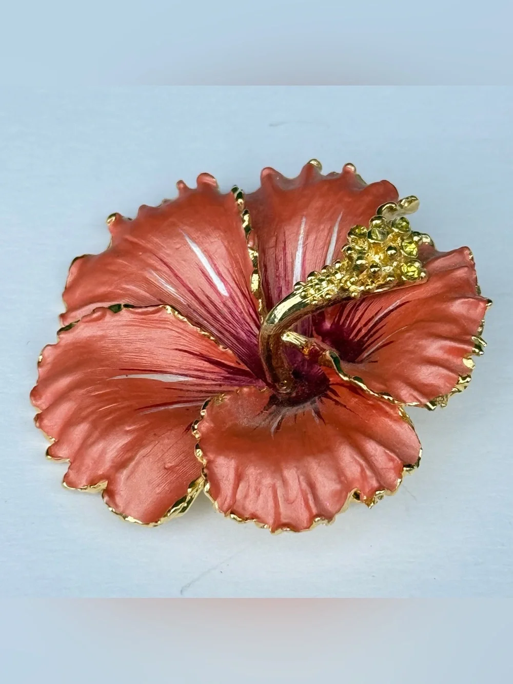 VINTAGE GOLD TONE PINK ENAMELED HIBISCUS FLOWER PIN BROOCH Pendant Flower Floral